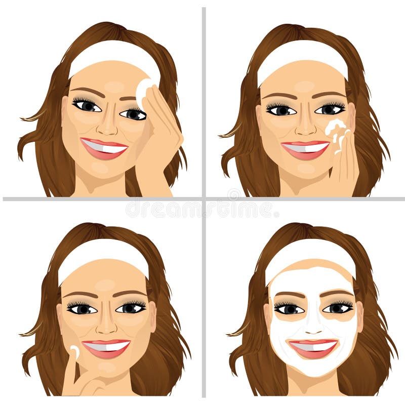 Woman showing four steps for cleaning face vector illustration Woman showing four steps for cleaning face vector illustration
