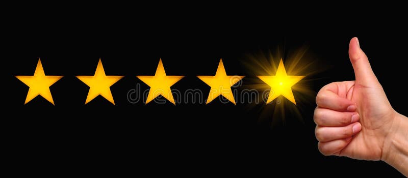 A woman showing hand sign thumb up and five star symbol, the concept of a positive rating, reviews and feedback. Black background