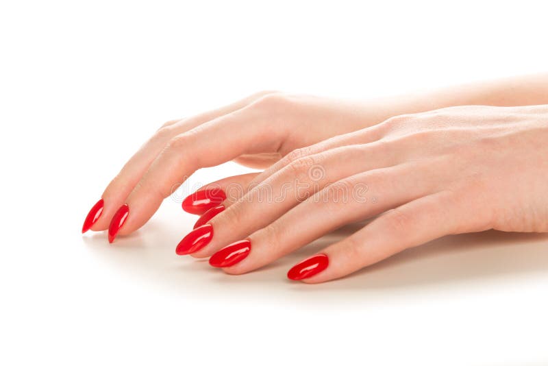 Woman Showing Manicured Hands with Red Nail Polish Stock Photo - Image ...