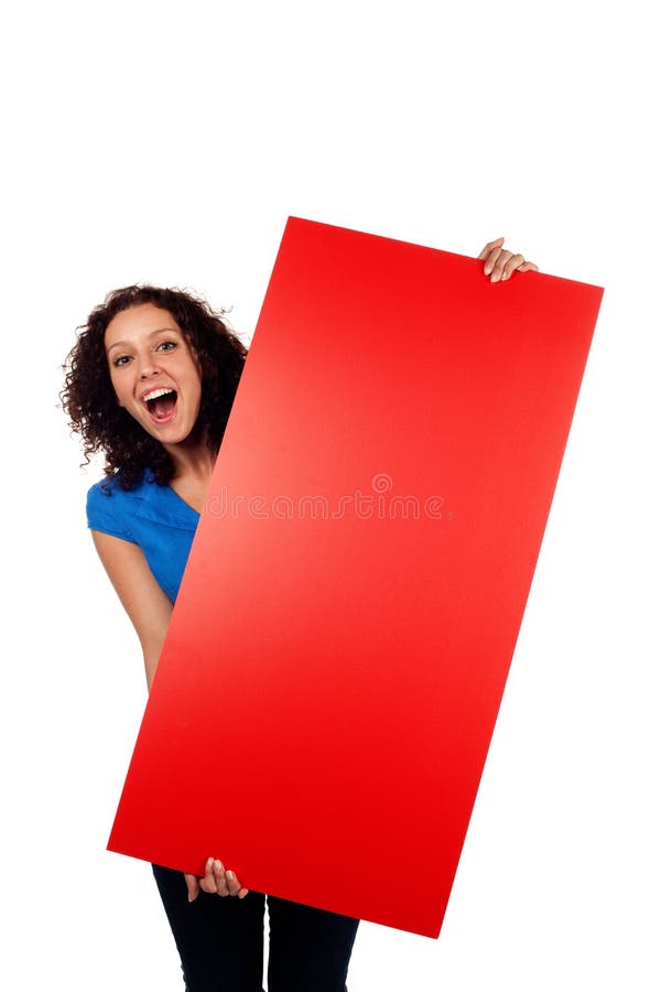 Woman showing red blank sign isolated