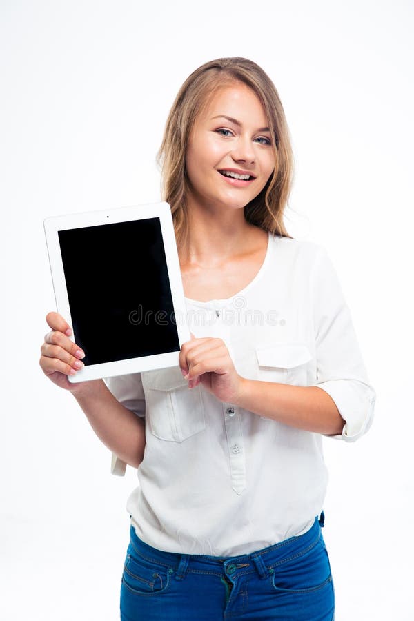 Woman Showing Blank Laptop Screen Stock Image Image of background