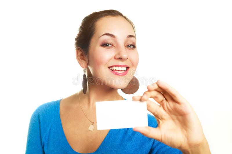 Woman showing us a business card