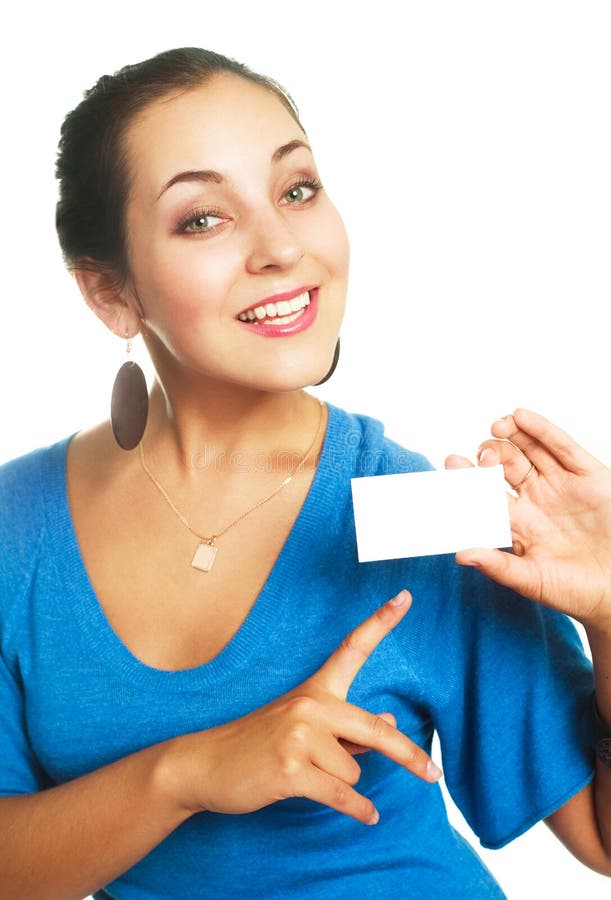 Woman showing us a business card