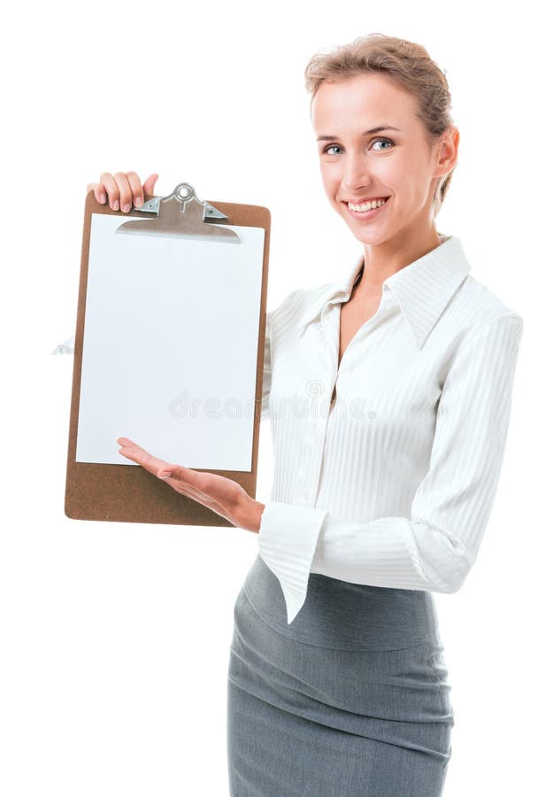 Woman shows a blank clipboard