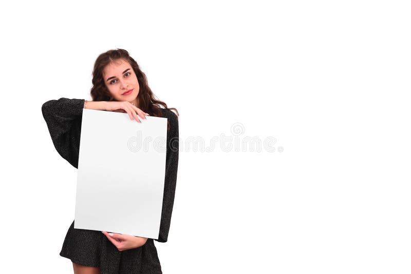 Man showing blank white big A2 paper, covers the face. Leaflet p