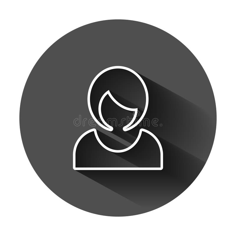 Woman sign icon in flat style. Female avatar vector illustration on black round background with long shadow. Girl face business stock illustration Woman sign icon in flat style. Female avatar vector illustration on black round background with long shadow. Girl face business stock illustration