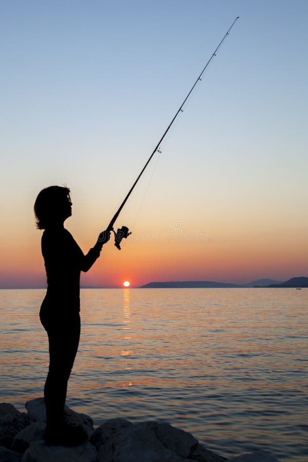 Download Woman Silhouette Fishing On Rock Stock Image - Image of ...
