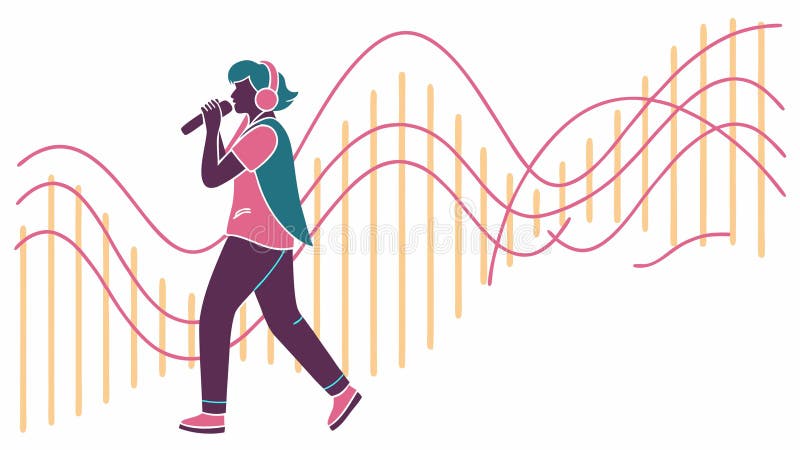 A dynamic vector illustration of a woman singing, surrounded by rhythmic sound waves. Perfect for music artists, vocal lessons, concert promotions, and audio-related content. Represents the power of voice, artistic expression, and musical passion, vector design Generative AI. Woman singing vectors