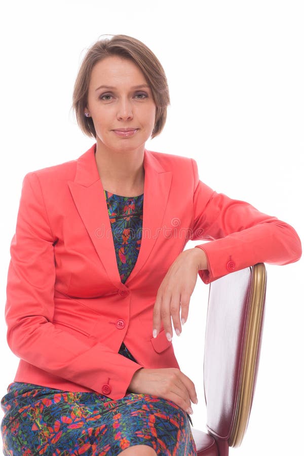 Woman sit on chair isolated with white