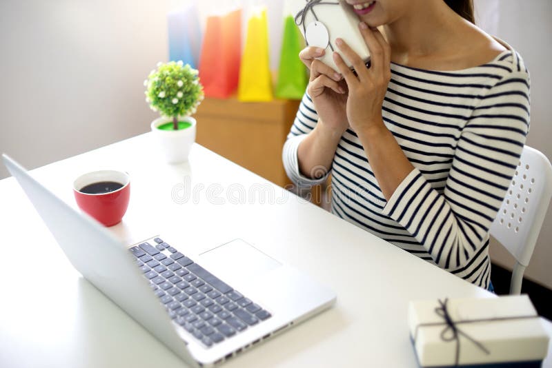woman sit at computer table look at the product stock photography woman sit at computer table look at the product stock photography