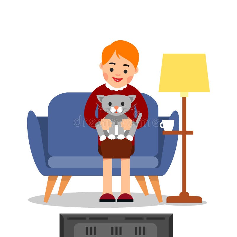 Woman sitting with cat in front of TV. Cute cartoon girl with domestic animal. Beautiful concept of caring for pets. Lifestyle