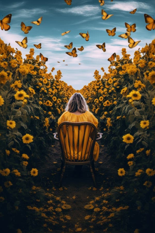 A woman sitting in a chair in a field of sunflowers. Generative AI image.