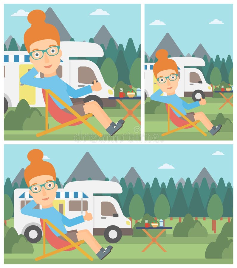 Woman Sitting in Chair in Front of Camper Van. Stock Vector ...