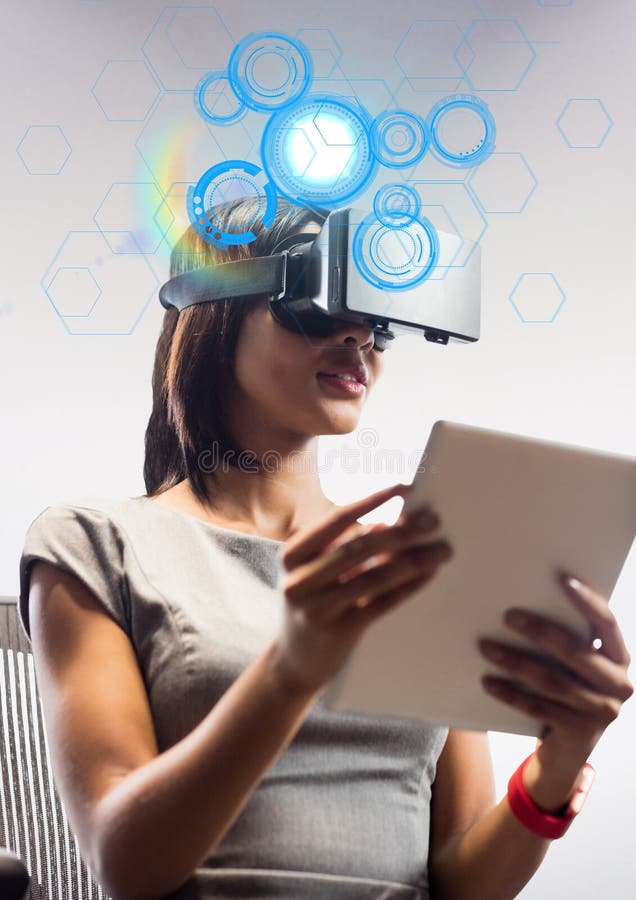 Woman Sitting on Chair while Using Virtual Reality Headset and Digital