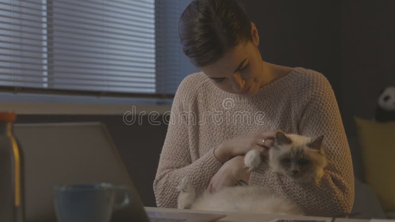 Woman sitting at desk and cuddling her cat stock photo