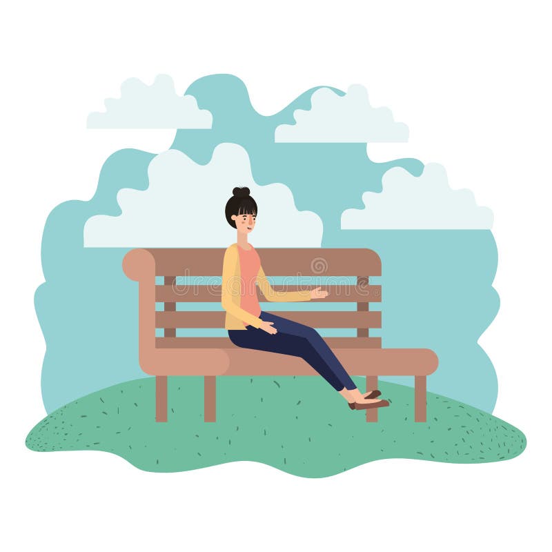 Woman sitting in park chair avatar character. 