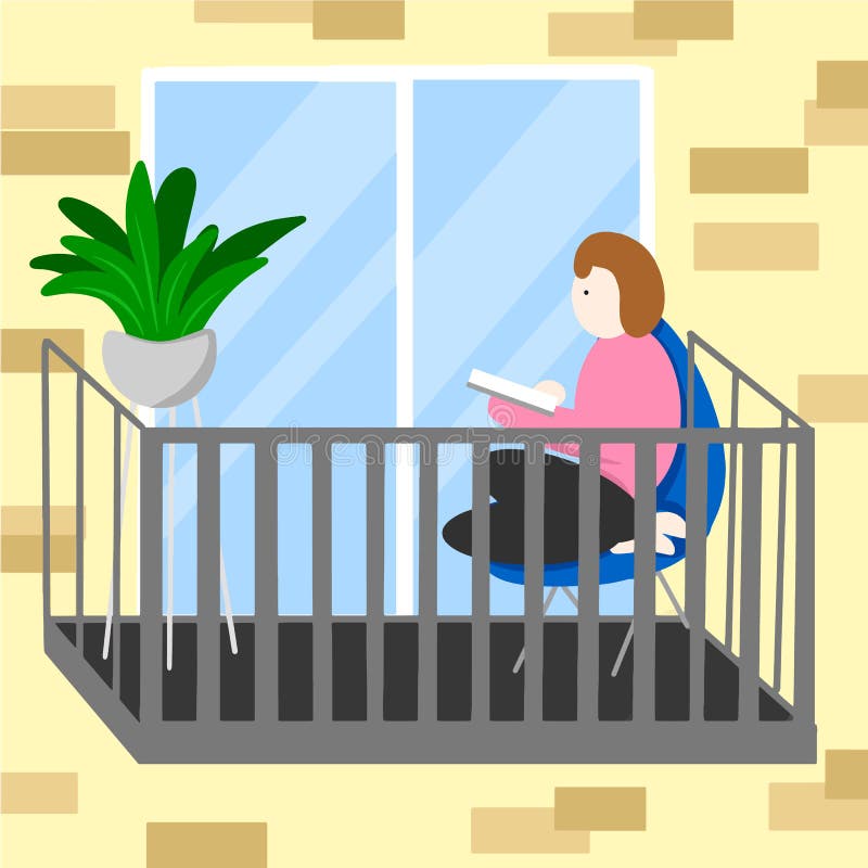 Woman is sitting and reading the book in blue chair on balcony, Vector illustration in cartoon flat style. Coronavirus pandemic restrictions, quarantine and stay home concept. Entertainment, outdoors