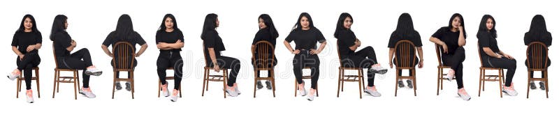 View of large group of same woman of back, front and side with sportswear on white background. View of large group of same woman of back, front and side with sportswear on white background