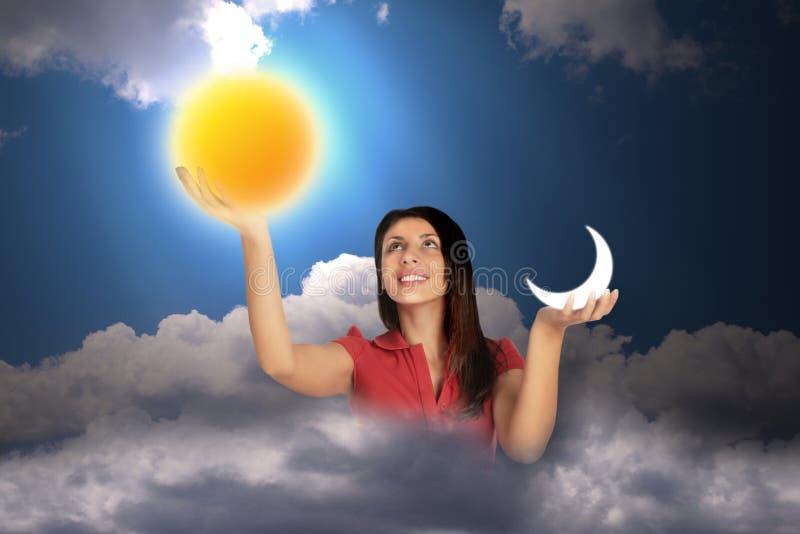 Woman in sky holds moon and sun, collage