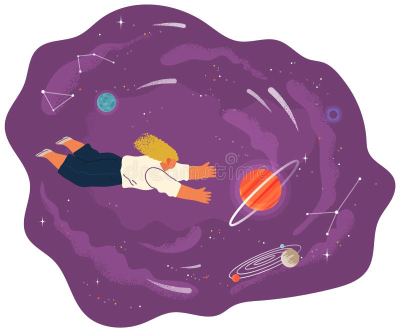 Woman Sleep Flying in Space Vector Flat Illustration with Planets and Stars  Cartoon Cosmic Scene Stock Vector - Illustration of dream, falling:  210010052