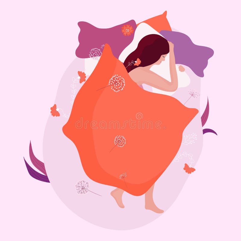 Woman Sleeping In Cozy Bed Night Dream Concept Vector Illustration