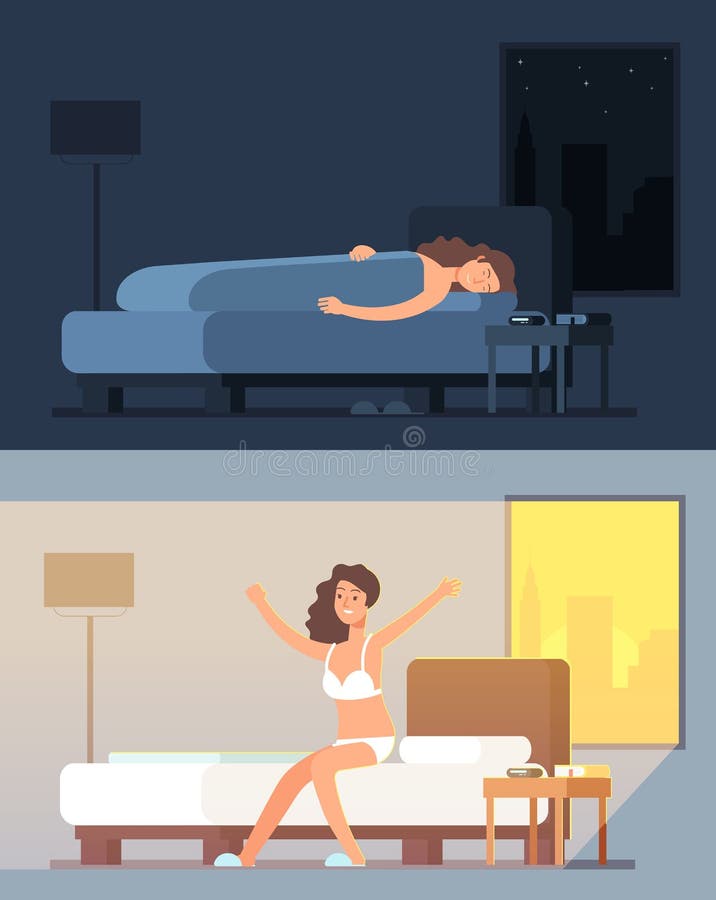 Woman sleeping and dreaming in bed at night and waking up in morning cartoon vector concept