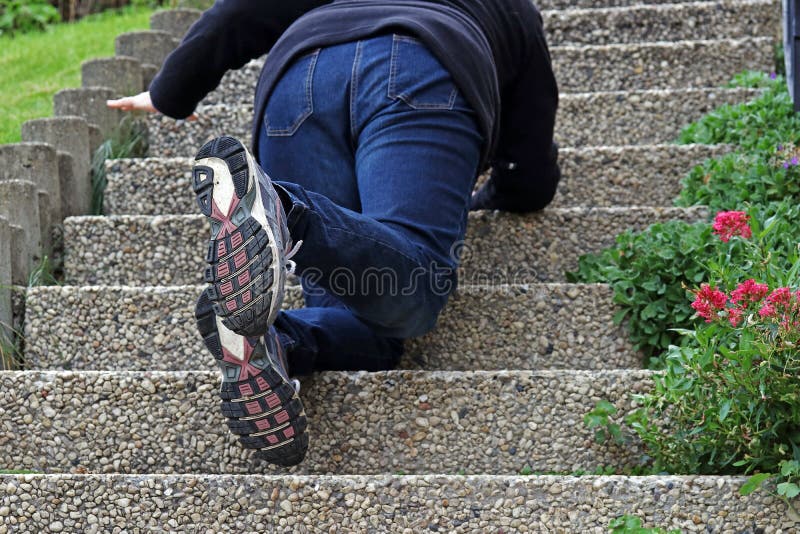 A woman slipped on a staircase and fell down