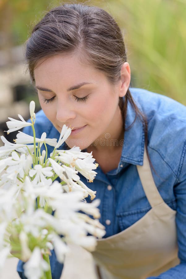 Woman smelling flower while working as gardener royalty free stock images