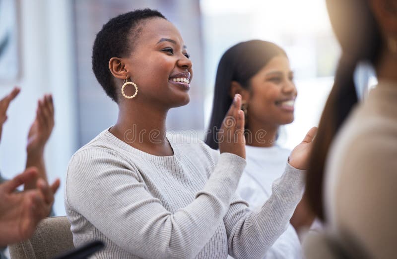 Woman, smile and applause in meeting for success, achievement and celebration for presentation, goals or team building royalty free stock images