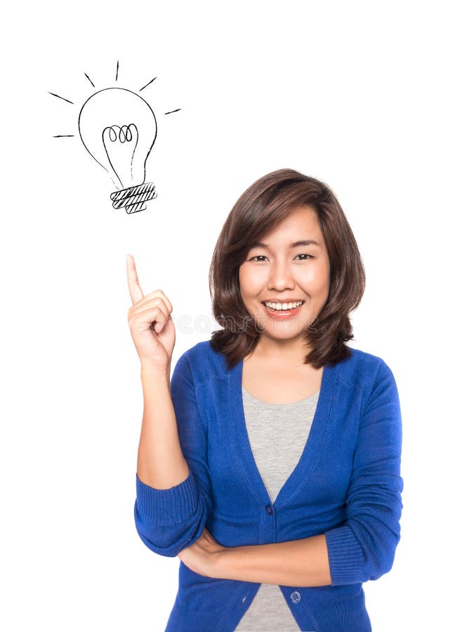 Woman smiling pointing up showing doodle light bulb idea.