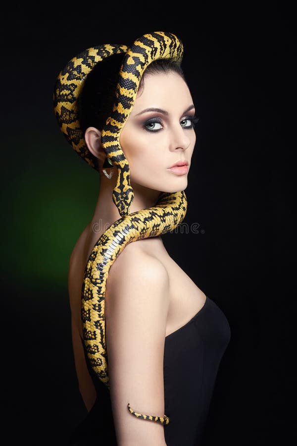 Woman With Snake On Her Head Like A Hair Stock Photo 