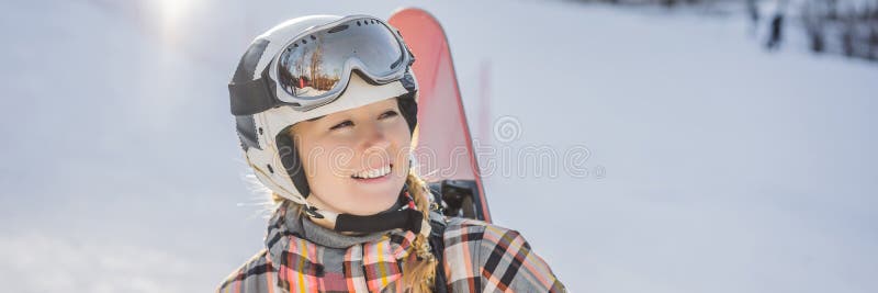 Woman snowboarder on a sunny winter day at a ski resort BANNER, LONG FORMAT. Woman snowboarder on a sunny winter day at a ski resort. BANNER, LONG FORMAT stock photography Woman snowboarder on a sunny winter day at a ski resort BANNER, LONG FORMAT. Woman snowboarder on a sunny winter day at a ski resort. BANNER, LONG FORMAT stock photography