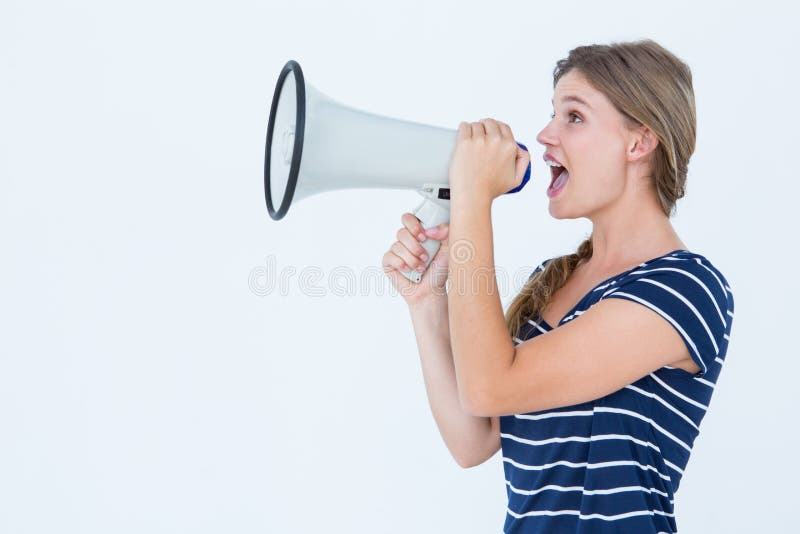 Woman speaking through a loudspeaker