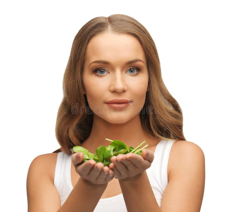 Woman with Spinach Leaves on Palms Stock Photo Image of eating, nice