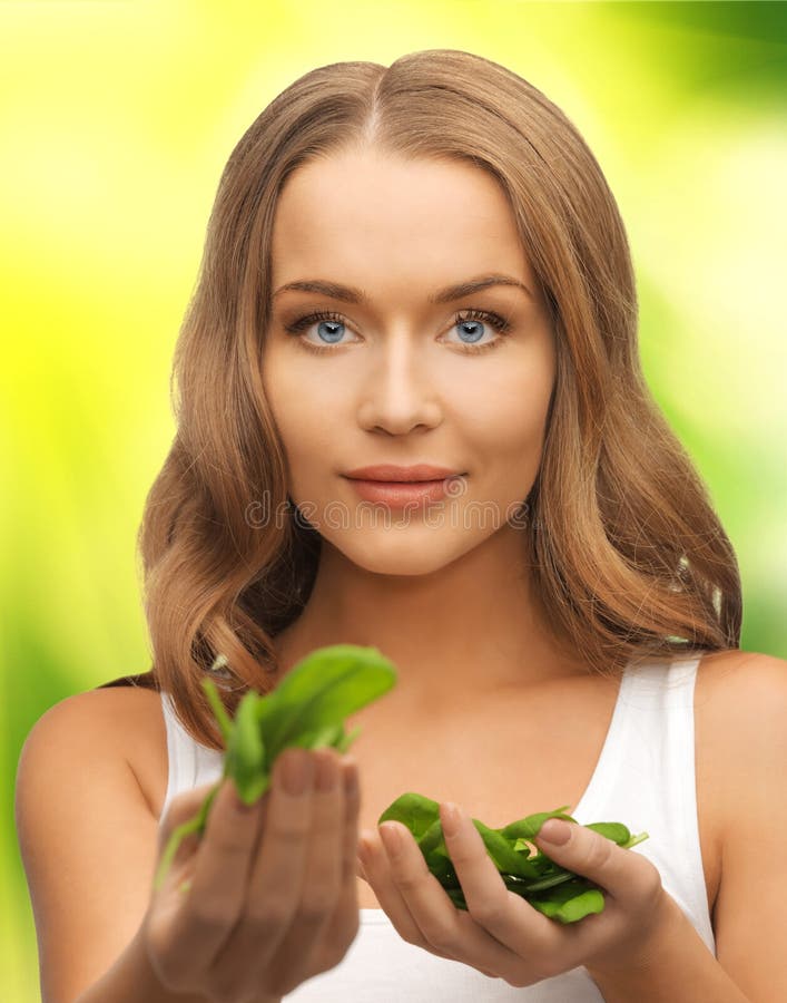 Woman with Spinach Leaves on Palms Stock Photo Image of healthy