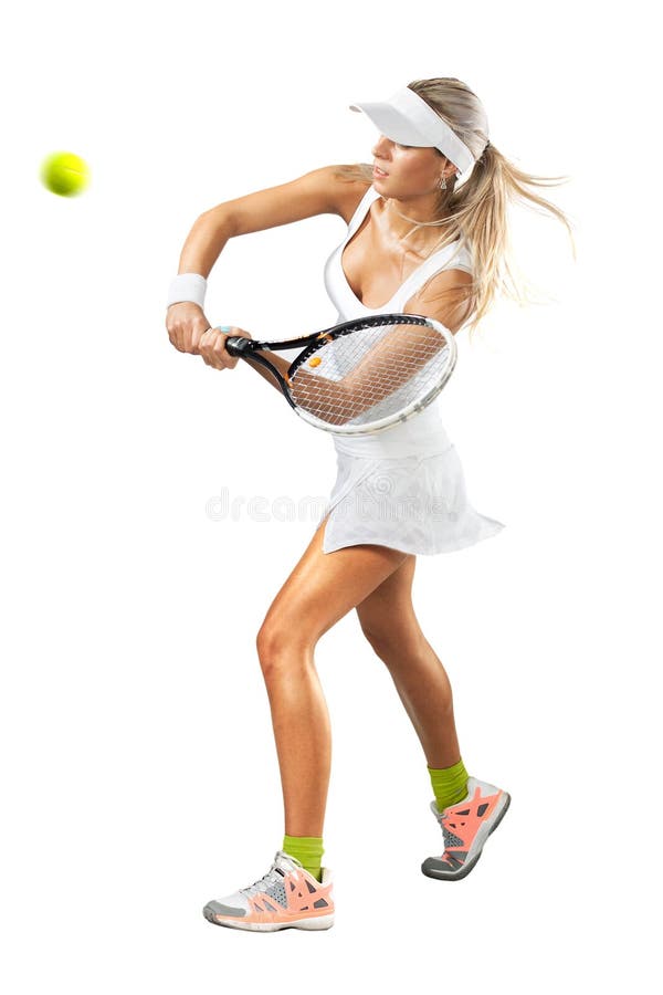 Full length portrait of young woman playing tennis on a dross field. Healthy lifestyle. Isolated white background. Full length portrait of young woman playing tennis on a dross field. Healthy lifestyle. Isolated white background