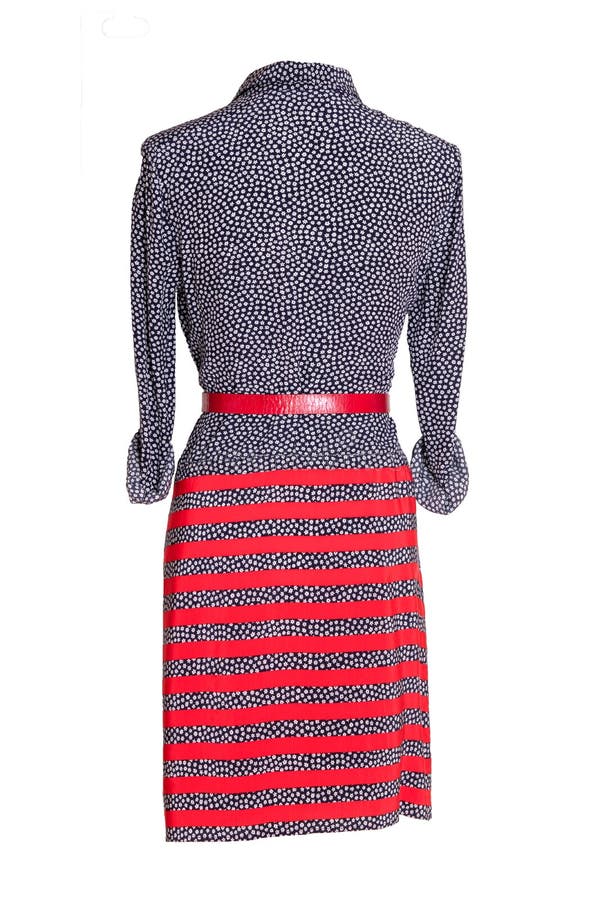 Woman spring summer dress. Women`s blue and red striped dress with a red belt on a mannequin isolated on a white background. royalty free stock photos Woman spring summer dress. Women`s blue and red striped dress with a red belt on a mannequin isolated on a white background. royalty free stock photos
