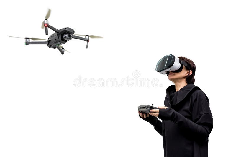 Woman spy in 360 virtual reality headset playing game with drone isolated o...