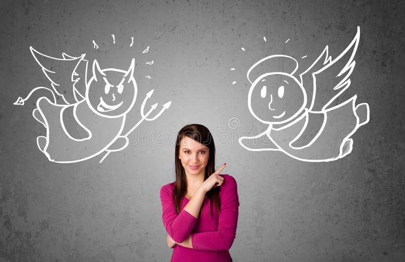 Woman standing between the angel and the devil. Young woman standing between the angel and the devil drawings royalty free stock images Woman standing between the angel and the devil. Young woman standing between the angel and the devil drawings royalty free stock images