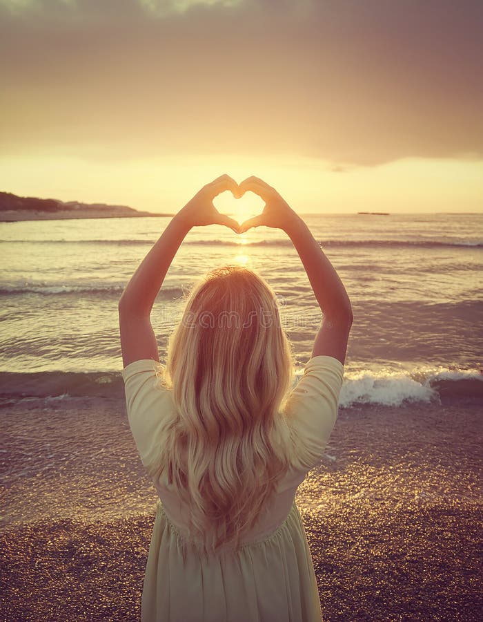 Girl holding hands in heart shape at beach. Blonde young girl holding hands in heart shape framing setting sun at sunset royalty free illustration