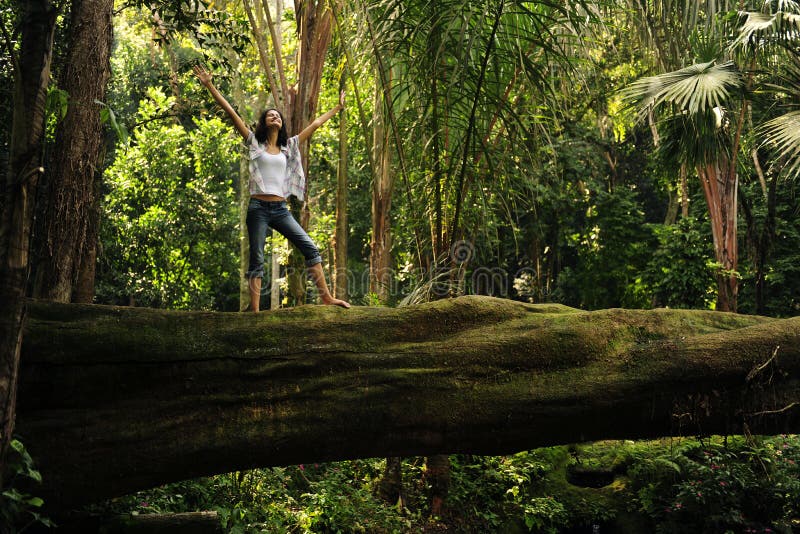 Woman Standing on a Fallen Tree Stock Photo - Image of copy, female ...