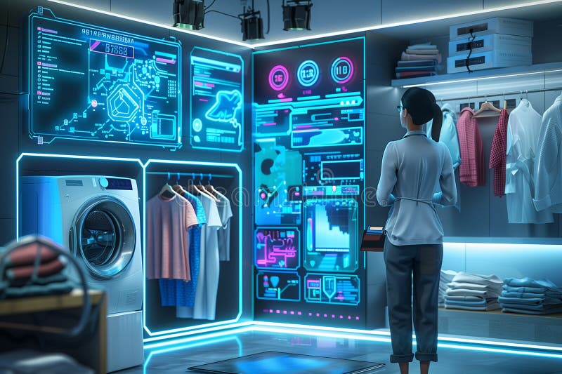 Woman standing in futuristic laundry room with and holographic displaying controls digital high technology royalty free illustration