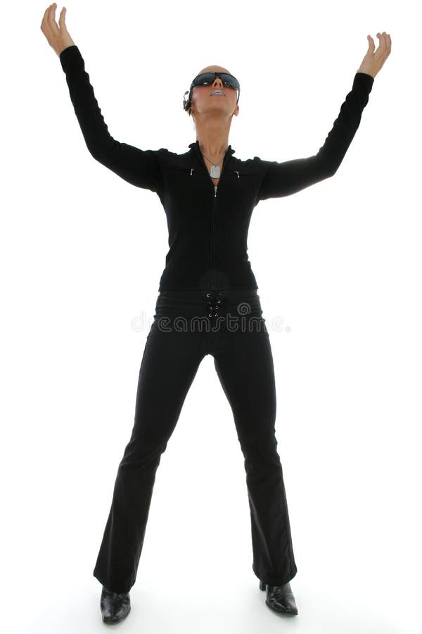 Woman Standing Hands Up stock image