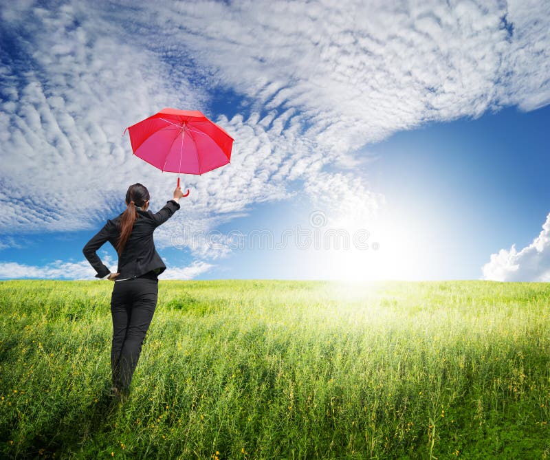 Download Woman Standing To Blue Sky With Red Umbrella Stock Photo - Image of grass, fresh: 26002608