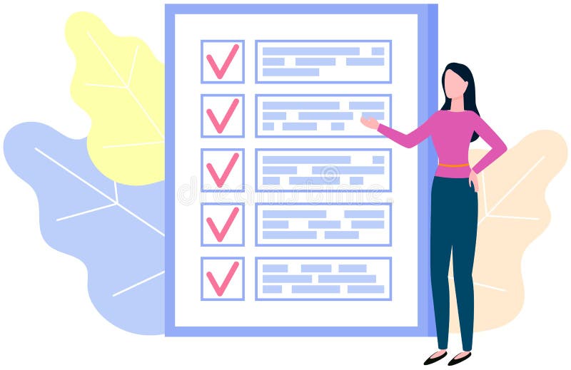 Woman stands near to do list and planning schedule. Plan fulfilled, task completed, timetable sheet vector illustration
