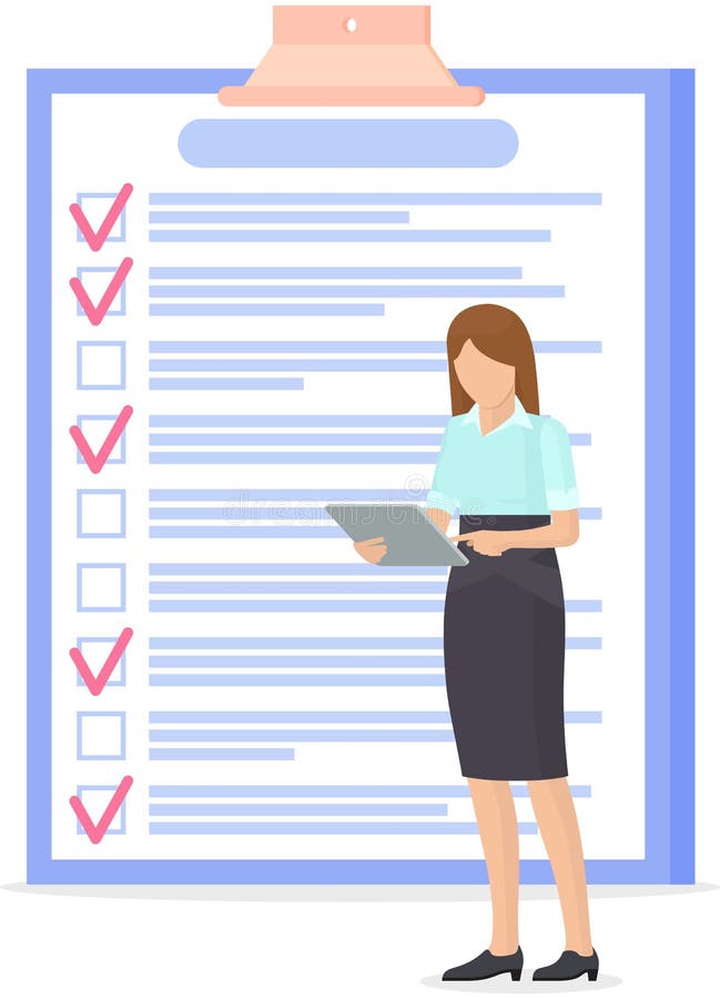 Woman stands near to do list and planning schedule. Plan fulfilled, task completed, timetable sheet royalty free illustration