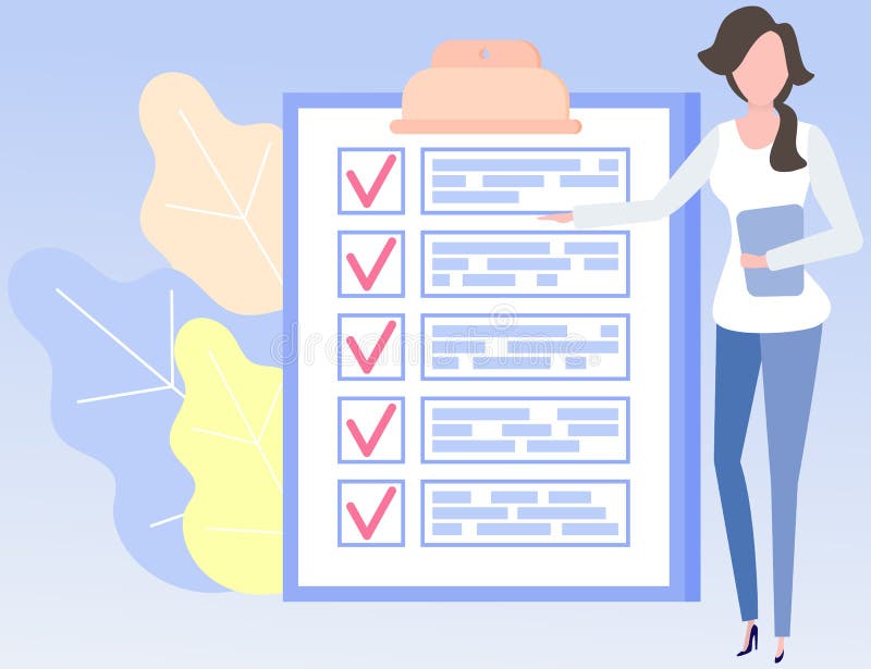 Woman stands near to do list and planning schedule. Plan fulfilled, task completed, timetable sheet stock illustration
