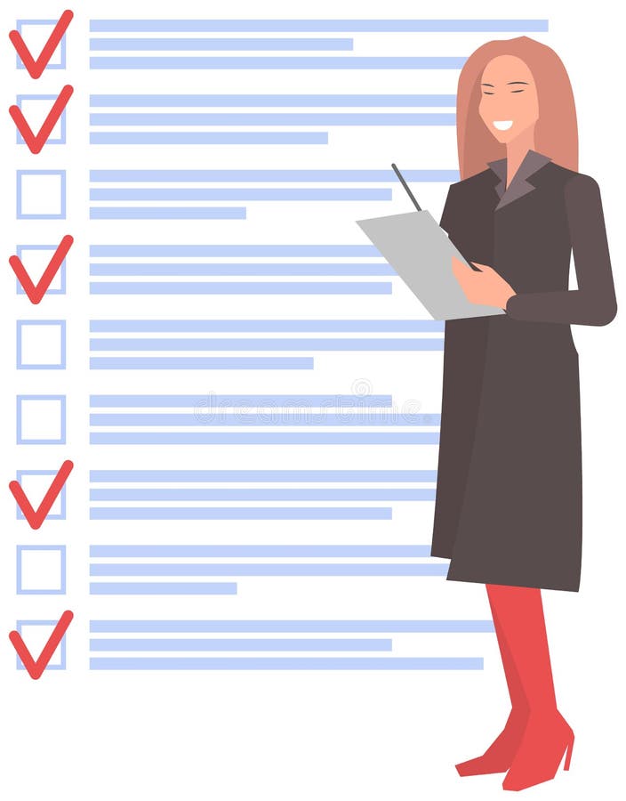 Woman stands near to do list and planning schedule. Plan fulfilled, task completed, timetable sheet royalty free illustration