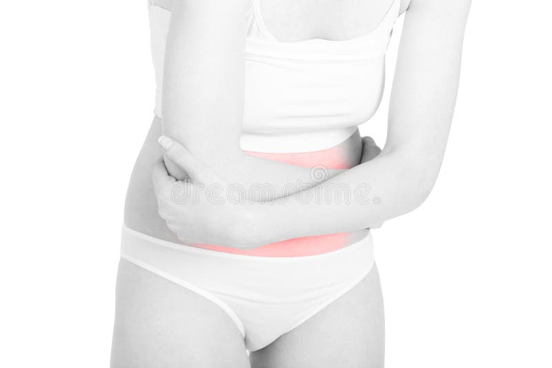 Woman with stomach pain red area, clipping path