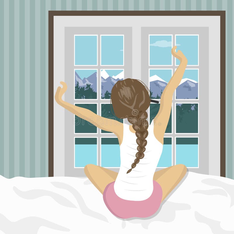 Woman stretching in bed after wake up. Concept for holidays and vacations. Summer mountain scenery